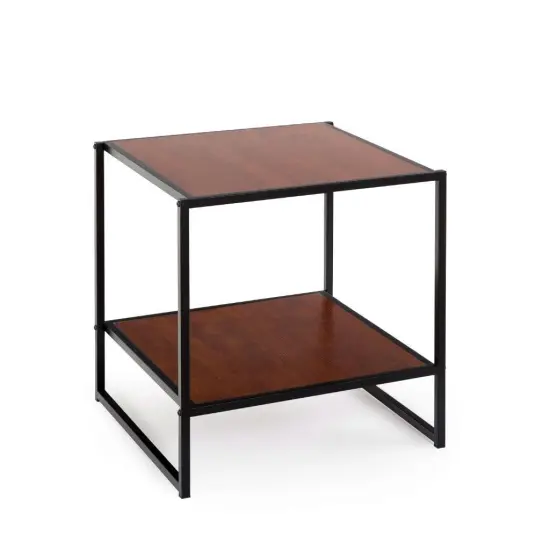 Square Steel Frame Nightstand Side Table with Storage Shelf in Brown {1}