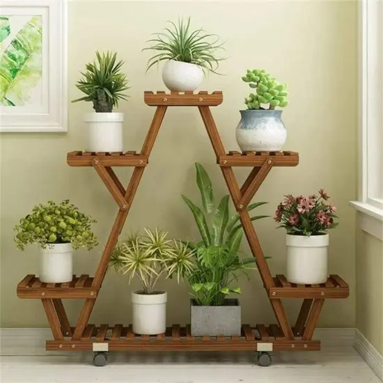 Dark Brown Solid Wood 4 Tier Plant Stand with Wheels and Shelves {3}