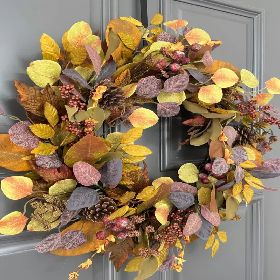 24" Fall Wreath for Front Door, Handmade with Artificial Eucalyptus Leaves, Magnolia Leaves, Maple Leaves, Berries, Natural Pine Cones, Fall Decor for Home Farmhouse Door Wall Window {2}