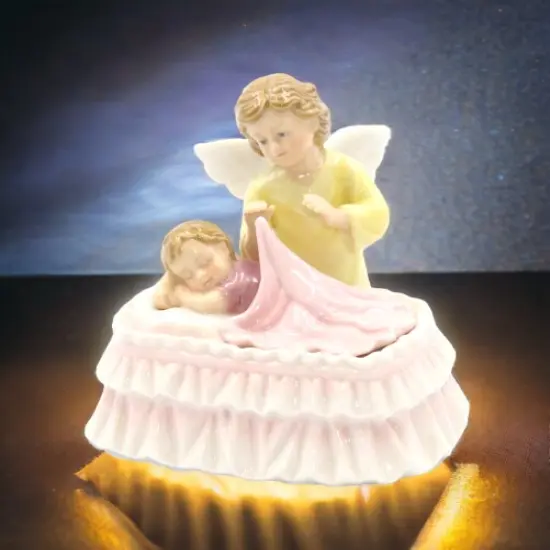 Ceramic Guardian Angel Watching Over Baby Music Box, Baptism Gift, Nursery Room Decor, Baby Shower Gift, Religious Decor {2}