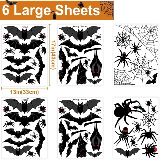 6 Sheet 59pcs Halloween Bats Spider Window Clings {5}