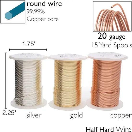 The Beadsmith Wire Elements 20-Gauge Lacquered Tarnish-Resistant Copper Wire for Jewelry Making, 4-15 Yard, 13.72 Meter Spools (Gold, Silver, & Copper Color) {4}