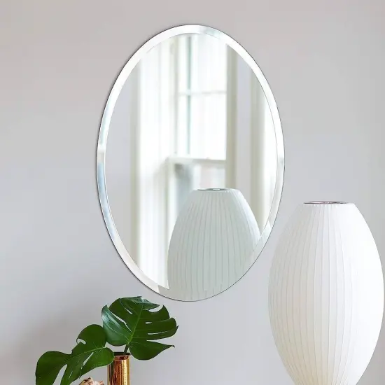 Silver Oval Glass Frameless Vanity Wall Mirror with Beveled Edge and Flush Mount {2}