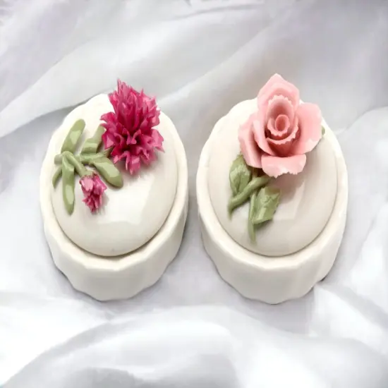 Ceramic Pink Rose and Carnation Flower Trinket Box (Set Of 2), Home D&eacute;cor, Gift for Her, Gift for Mom, Vanity D&eacute;cor, Wedding Table D&eacute;cor {2}