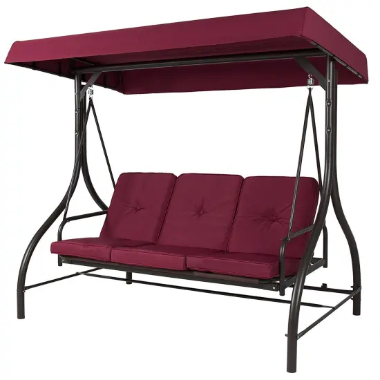 Outdoor Porch Swing with Burgundy Cushions and Adjustable Top {3}