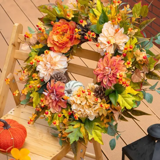 24 Inch Fall Autumn Wreath with Dahlia Flowers {5}