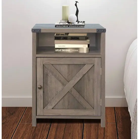 Farmhouse Style End Table Barn Door Nightstand with Open Shelf Rustic Oak Wood Texture {5}