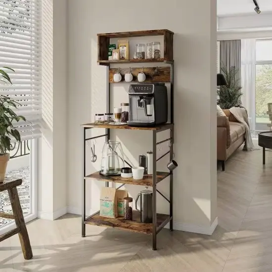 Rustic Brown Wood & Metal Kitchen Baker&rsquo;s Rack with 5 Shelves and Power Outlets {2}