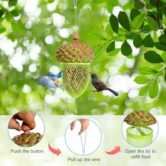Green-Brown Resin and Iron Mesh Acorn Bird Feeder with Locking Lid and Hanging Wire {3}