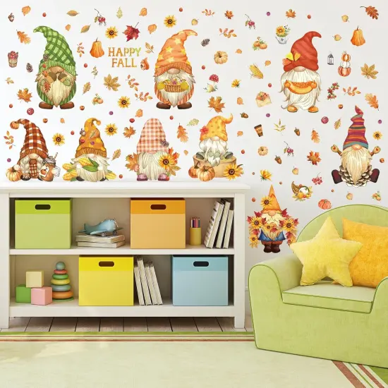 9 Sheet -Fall Wall Stickers Watercolor Gnomes Wall Art Decals Colorful Maple Leaves {2}