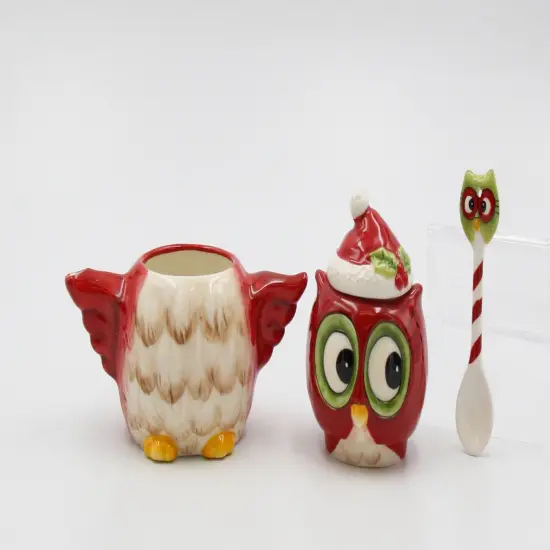 Ceramic Christmas Owl Sugar & Creamer Set With Spoon, Gift for Her, Mom, Kitchen D&eacute;cor, Tea Party D&eacute;cor, Caf&eacute; D&eacute;cor, Birdwatcher Gift {3}