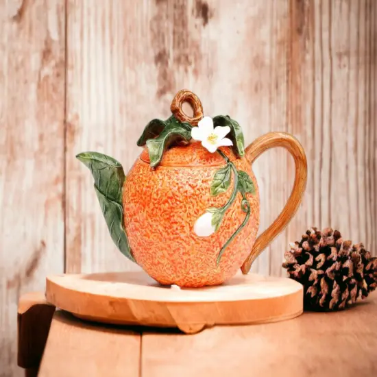 Hand Painted Ceramic Orange Teapot, Gift for Her, Gift for Mom, Tea Party Décor, Café Décor, Farmhouse Kitchen Décor {2}
