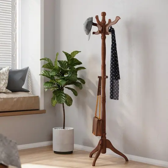 Walnut Eucalyptus Wood Coat Rack with 11 Hooks and Stable Tri-Leg Base {2}