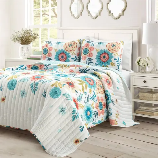 Teal Blue Pink White Polyester 3-Piece Reversible Floral Quilt Set {1}
