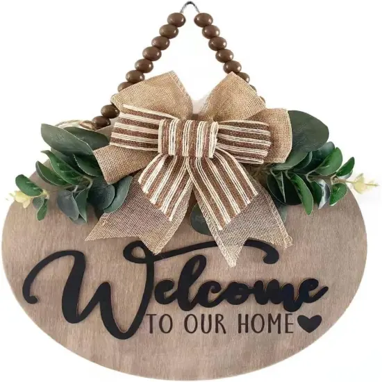 3D Welcome Sign for Front Door | Home/Farmhouse Porch D&eacute;cor Wooden Hanging Sign with Artificial Leaves and Rustic Beads | Christmas Classroom |12" Round {1}