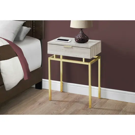 24" Modern End Table with Drawer and Beige Marble Look Top, Gold Metal Base for Bedroom {2}