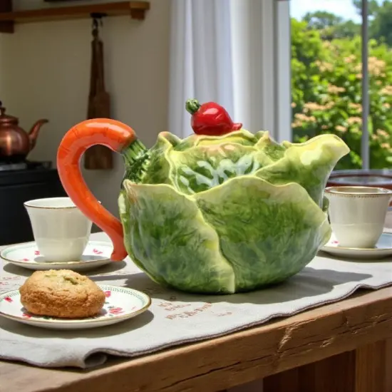 Ceramic Cabbage Teapot with Carrot Stick Lid, Gift for Her, Gift for Mom, Tea Party D&eacute;cor, Caf&eacute; D&eacute;cor, Farmhouse D&eacute;cor, Kitchen Decor {1}