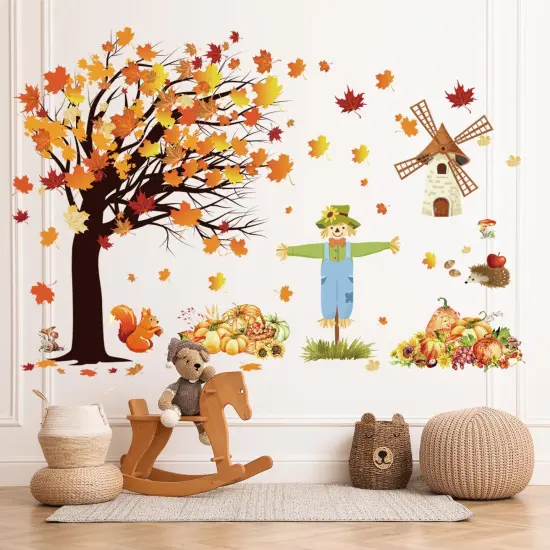 Fall Maple Leaves Wall Decals Autumn Pumpkin Scarecrow Wall Stickers {1}