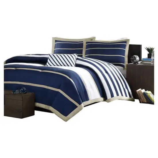 Navy Blue White Khaki Comforter Set Full Queen Size 4 Piece {1}