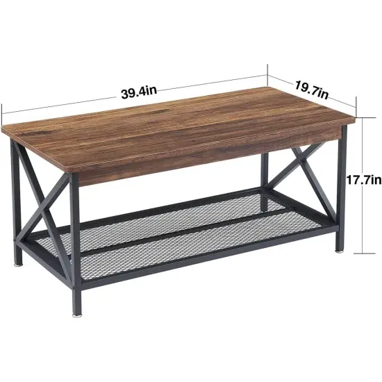 39.4" Modern Metal X Coffee Table with Brown Wood Grain Finish and 2-Tier Storage Shelf {2}
