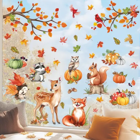 Woodland Animals Fall Pumpkin Window Clings Deer Fox Racoon {3}