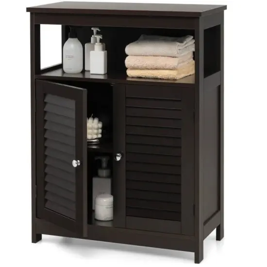 Bathroom Floor Cabinet with Louvered Doors and Open Shelf, Adjustable Storage Organizer Brown {1}