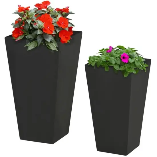 Magnesium Oxide Stackable Outdoor Planter Set of 2 with Drainage Holes Black {2}