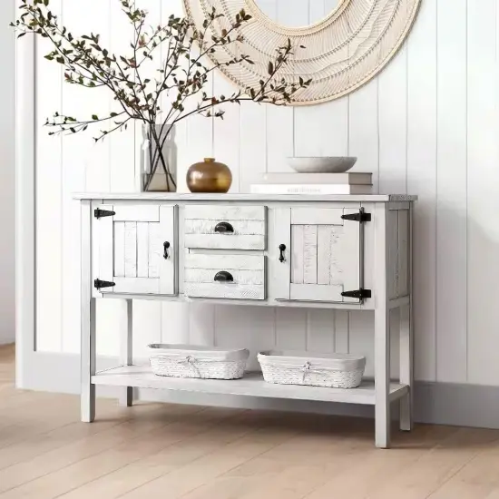 Rustic Wooden Sofa Table with Ample Storage Drawers and Cabinets for Entryway or Dining Room Rustic White {1}