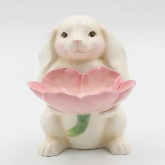 Springtime Bunnies: Easter Bunny Rabbit Holding Pink Flower Candy Dish, Spring Decor {3}