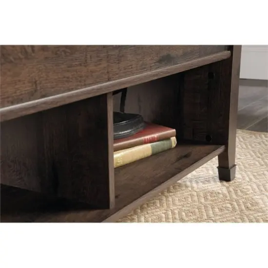 Dark Brown Lift-Top Coffee Table with Hidden Storage and Wrought Iron Style Accents {5}