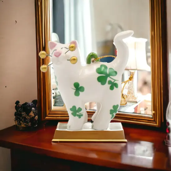 Ceramic Shamrock Cat Ornament, Home Décor, Gift for Her, Gift for Mom, Kitchen Décor, Irish Saint Patrick’s Day Décor {3}