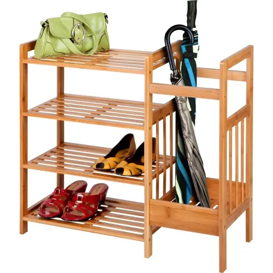 Brown Wicker Freestanding Shoe Rack with 4 Shelves and Umbrella Holder {2}