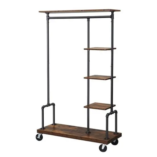 Rustic Brown Industrial Metal Pipe Clothes Rack with Wood Shelves and Locking Wheels {1}