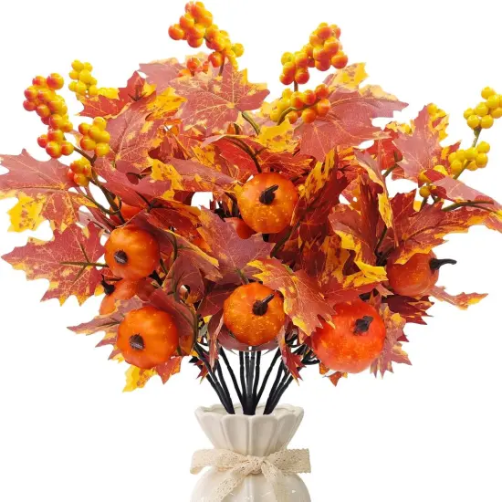 6 Pcs Artificial Maple Leaves Branches with Pumpkins {1}