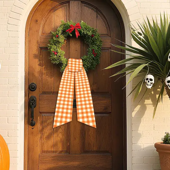 Fall Wreath Sash for Front Door - 2 Pcs Buffalo Check Orange Sashes for Wreaths Farmhouse Home Decor, 60 Inch Plaid Autumn Wreath Sashes for Embroidery DIY Bow Thanksgiving Halloween {4}