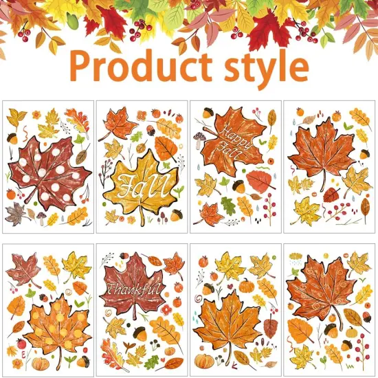 8 Sheets Thanksgiving Fall Window Clings - Maple Leaves Pine {2}