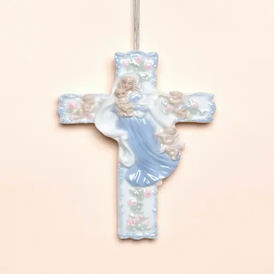 Ceramic Madonna with Baby Jesus on Cross Wall Decor, Religious Gift or Decor, Baptism Gift {3}