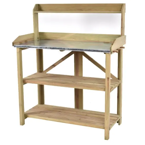 Outdoor Garden Potting Bench with Metal Top and Storage Shelves {2}