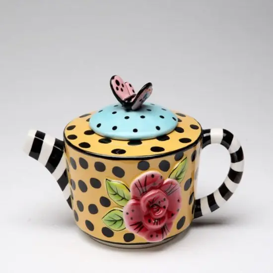 Ceramic Dotted and Striped Yellow Teapot, Gift for Her, Gift for Mom, Kitchen Décor, Tea Party Décor, Café Décor, Kitchen Decor {3}