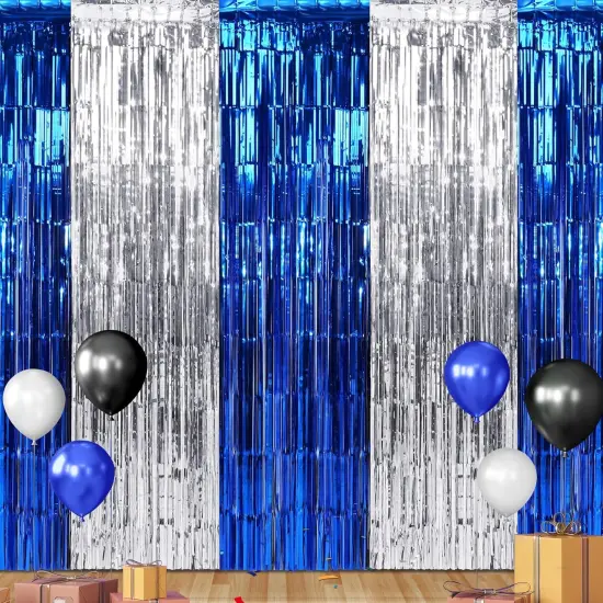 3Pack 3.3Ft x 6.6Ft Graduation Foil Fringe Curtain Backdrop Decorations, Blue Silver Metallic Tinsel Foil Streamers Curtain Photo Booth Background for Graduation Prom Wedding Birthday Party Decoration {1}