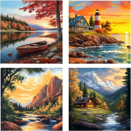 4 Pack Paint by Numbers Kit for Adults Landscape, Paint by Number Landscape, Paint by Numbers Kit for Adults Beginner for Gift and Home Wall Decor 12x16 Inch {1}