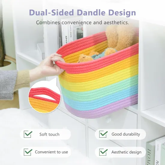 Summer Cotton Rope Storage Basket, Woven Basket for Shelves, Clothes, Toys, Towels, Books, and Laundry, Durable and Stylish, Rainbow (1 Pack) {3}