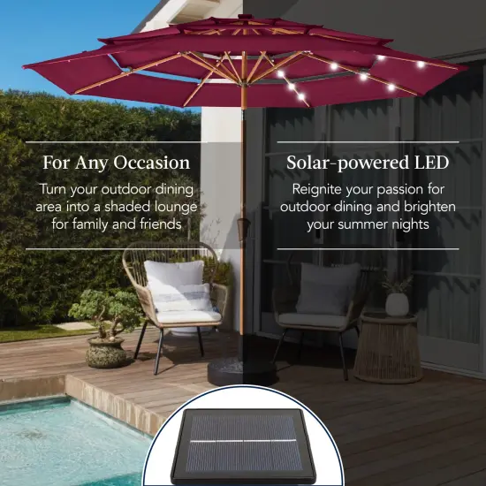 Best Choice Products Woodgrain Pattern 10ft 3-Tier Solar Patio Umbrella w/ 24 LED Lights, Tilt Burgundy {5}