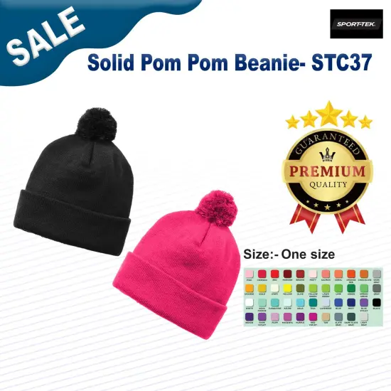 Sport-Tek &reg; Solid Pom Pom Beanie Iron Grey {2}