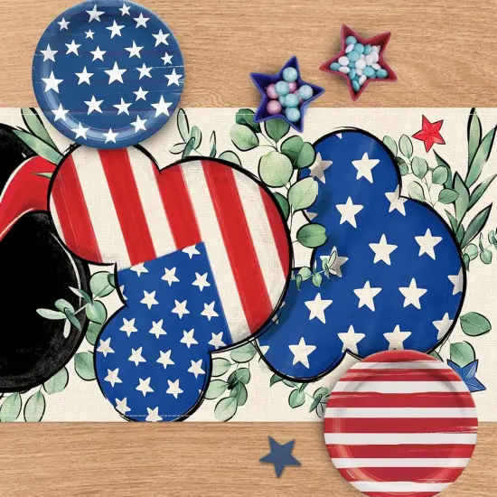 4th of July Patriotic Table Runner, America Eucalyptus Leaves Stars Stripes Kitchen Dining Table Decoration, American USA Burlap Indoor Outdoor Home Decor Party Supply 13x72 Inches {3}