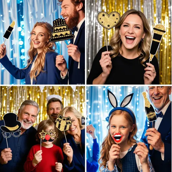 30 Pieces Photo Booth Props, Gold Black Glitter Photo Booth Props for Birthday, Wedding, Graduation, Bachelorette Party, Happy New Year Eve Party Decorations Supplies {4}