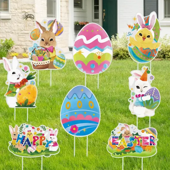 6PCS Easter Bunny Yard Signs Decorations Outdoor with Stakes Cute Easter Bunny Eggs Garden Decorations Holiday Welcome Signs for Easter Yard Lawn Party Decor {1}