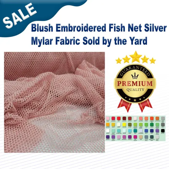 Blush Embroidered Fish Net Silver Mylar Fabric Sold by the Yard {1}