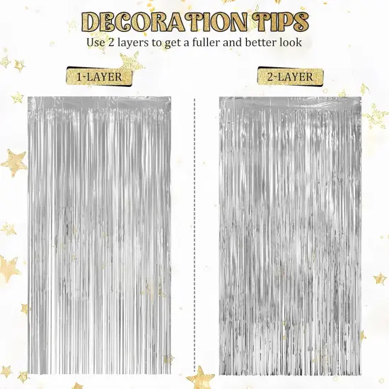 10 Pack Silver Themed Party Decorations, 3.3x6.6 ft DiscoFoil Fringe Curtains, Tinsel Backdrop, Wedding or Engagement Photo Booth Prop Streamer Backdrop for Birthday, New Year's Eve Countdown {1}