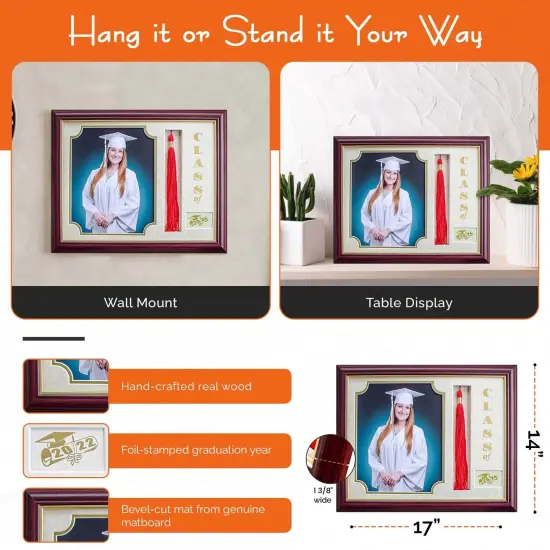 iFrame Graduation Photo & Tassel Frame I 5x7 & 8x10 Picture Frame For 2025 Class Year | Real Wood Cherry, Black and Walnut Finish I Wall Mount & Tabletop Graduation Frame | Made in USA {10}